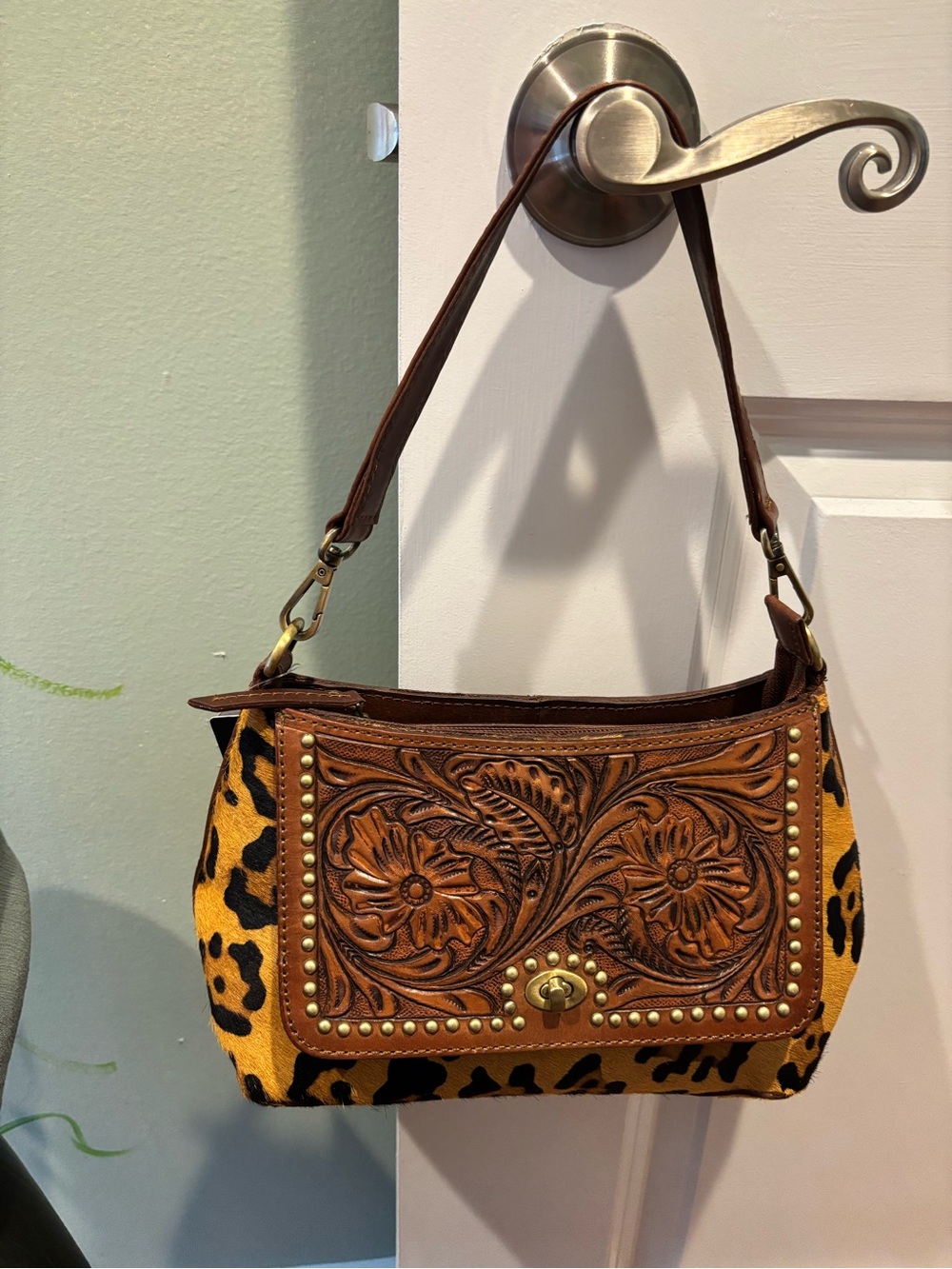 American Darling Brown Tooled Leather  Leopard Print Shoulder Bag
